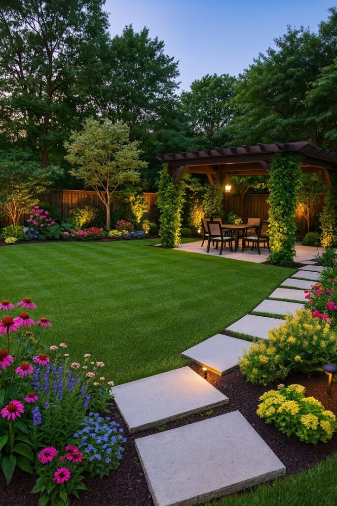 elegant backyard garden with modern pergola & lush landscaping